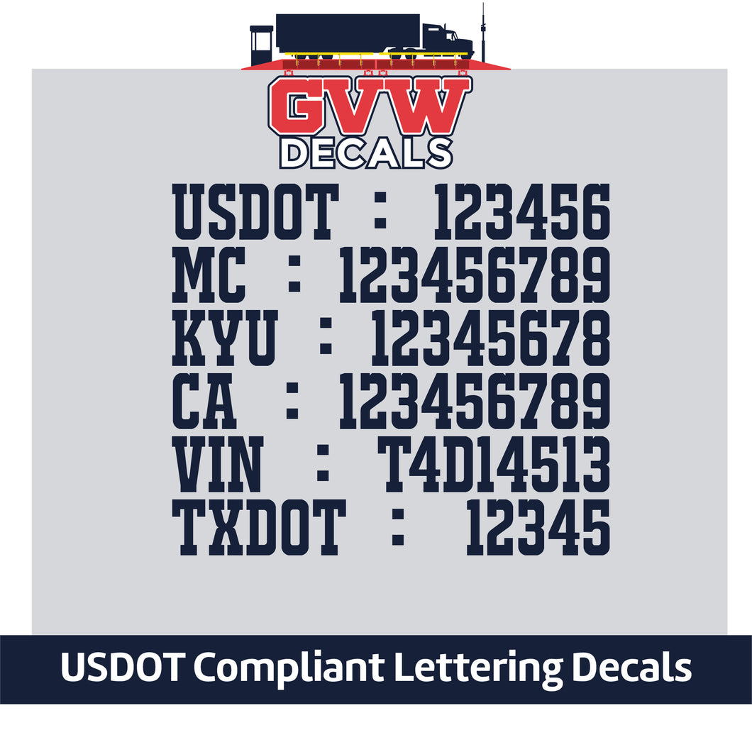 USDOT, MC, KYU, CA, VIN & TXDOT Number Sticker Decal (Set of 2) [6 Rows of Text]