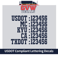 Load image into Gallery viewer, USDOT, MC, KYU, CA &amp; TXDOT Number Sticker Decal Lettering (Set of 2) [5 Rows of Text]
