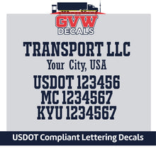 Load image into Gallery viewer, Transport Company Name with USDOT, MC &amp; KYU Lettering Decal (Set of 2) [5 Rows of Text]
