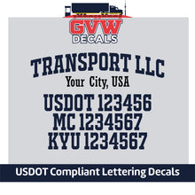 Load image into Gallery viewer, Arched Transport Company Name with USDOT, MC &amp; KYU Lettering Decal (Set of 2) [5 Rows of Text]
