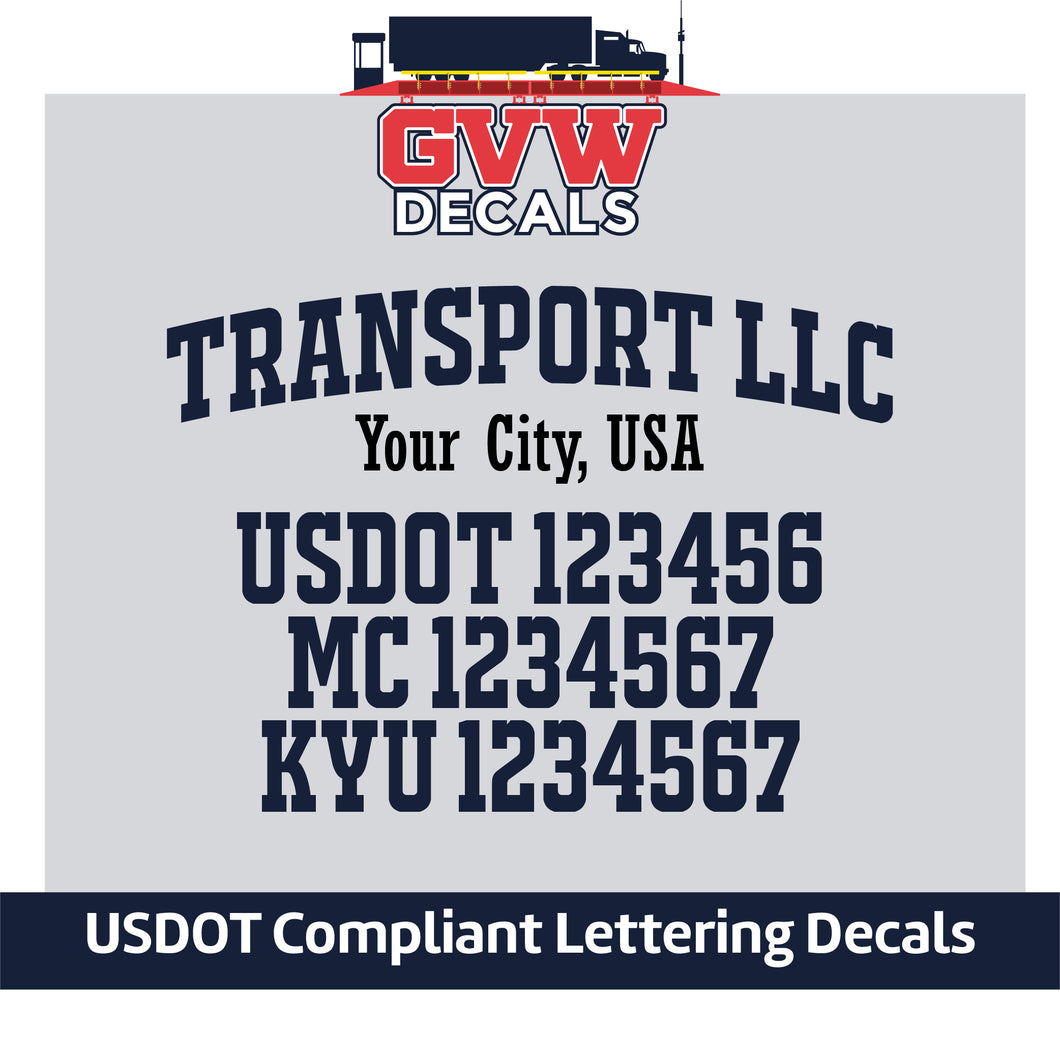 Arched Transport Company Name with USDOT, MC & KYU Lettering Decal (Set of 2) [5 Rows of Text]