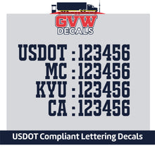 Load image into Gallery viewer, US DOT, MC, KYU &amp; CA Number Decal Sticker Lettering (Set of 2) [4 Rows of Text]
