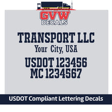 Load image into Gallery viewer, Transport Name with City, USDOT &amp; MC Lettering Decal Sticker (Set of 2) [4 Rows of Text]
