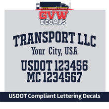 Load image into Gallery viewer, Arched Transport Name with City, USDOT &amp; MC Lettering Decal Sticker (Set of 2) [4 Rows of Text]
