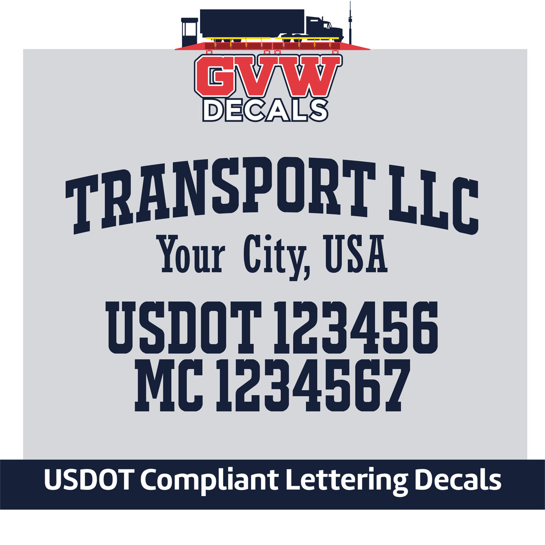 Arched Transport Name with City, USDOT & MC Lettering Decal Sticker (Set of 2) [4 Rows of Text]