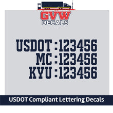 Load image into Gallery viewer, USDOT, MC &amp; KYU Number Decal Sticker (Set of 2) [3 Rows of Text]
