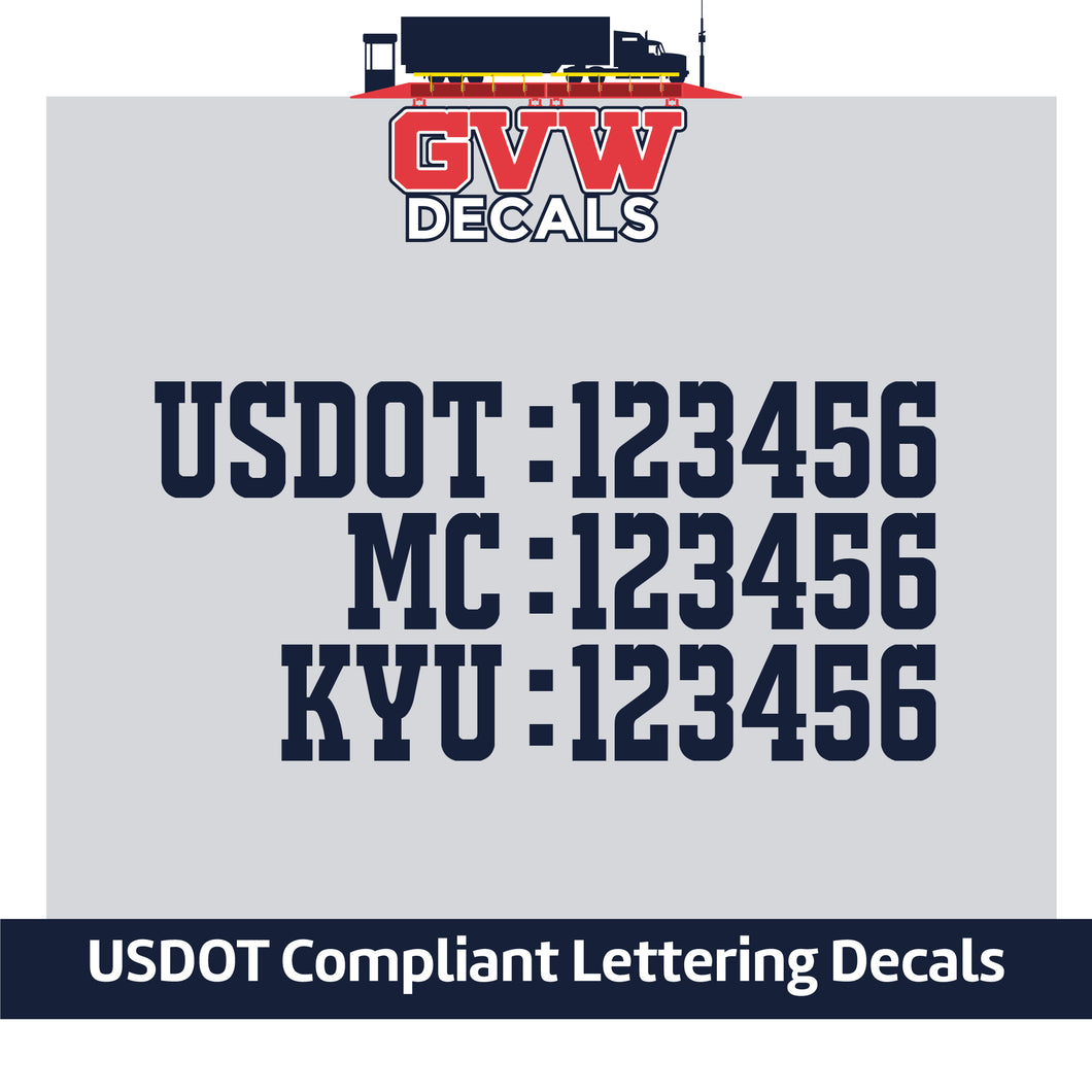 USDOT, MC & KYU Number Decal Sticker (Set of 2) [3 Rows of Text]