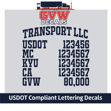 Load image into Gallery viewer, Arched Transport Company Name with USDOT, MC, KYU, CA &amp; GVW Lettering Decal Sticker (Set of 2) [6 Rows of Text]
