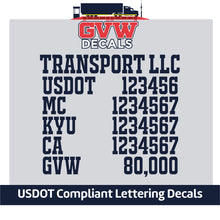 Load image into Gallery viewer, Transport Company Name with USDOT, MC, KYU, CA &amp; GVW Lettering Decal (Set of 2) [6 Rows of Text]
