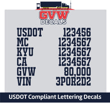 Load image into Gallery viewer, USDOT, MC, KYU, CA, GVW &amp; VIN Number Decal Sticker (Set of 2) [6 Rows of Text]
