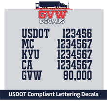 Load image into Gallery viewer, USDOT, MC, KYU, CA &amp; GVW Number Sticker Decal Lettering (Set of 2) [5 Rows of Text]
