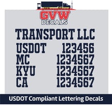 Load image into Gallery viewer, Transport Company Name with USDOT, MC, KYU &amp; CA Number Decal Lettering (Set of 2) [5 Rows of Text]
