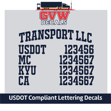 Load image into Gallery viewer, Curved Transport Company Name with USDOT, MC, KYU &amp; CA Number Decal Lettering (Set of 2) [5 Rows of Text]
