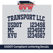 Load image into Gallery viewer, Arched Transport Name with USDOT, MC &amp; KYU Number Decal Sticker (Set of 2) [4 Rows of Text]
