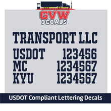 Load image into Gallery viewer, Transport Name with USDOT, MC &amp; KYU Number Decal Sticker (Set of 2) [4 Rows of Text]
