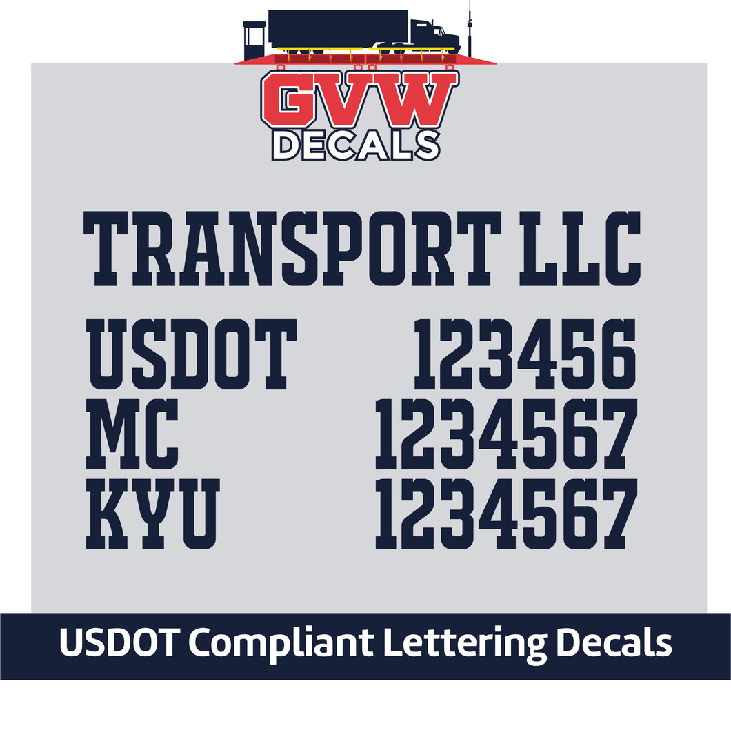 Transport Name with USDOT, MC & KYU Number Decal Sticker (Set of 2) [4 Rows of Text]