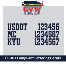 Load image into Gallery viewer, US DOT, MC &amp; KYU Number Decal Sticker (Set of 2) [3 Rows of Text]
