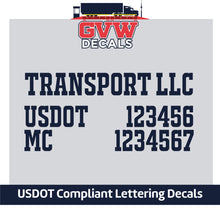 Load image into Gallery viewer, Trucking Transport Company Name with USDOT &amp; MC Lettering Decal (Set of 2) [3 Rows of Text]
