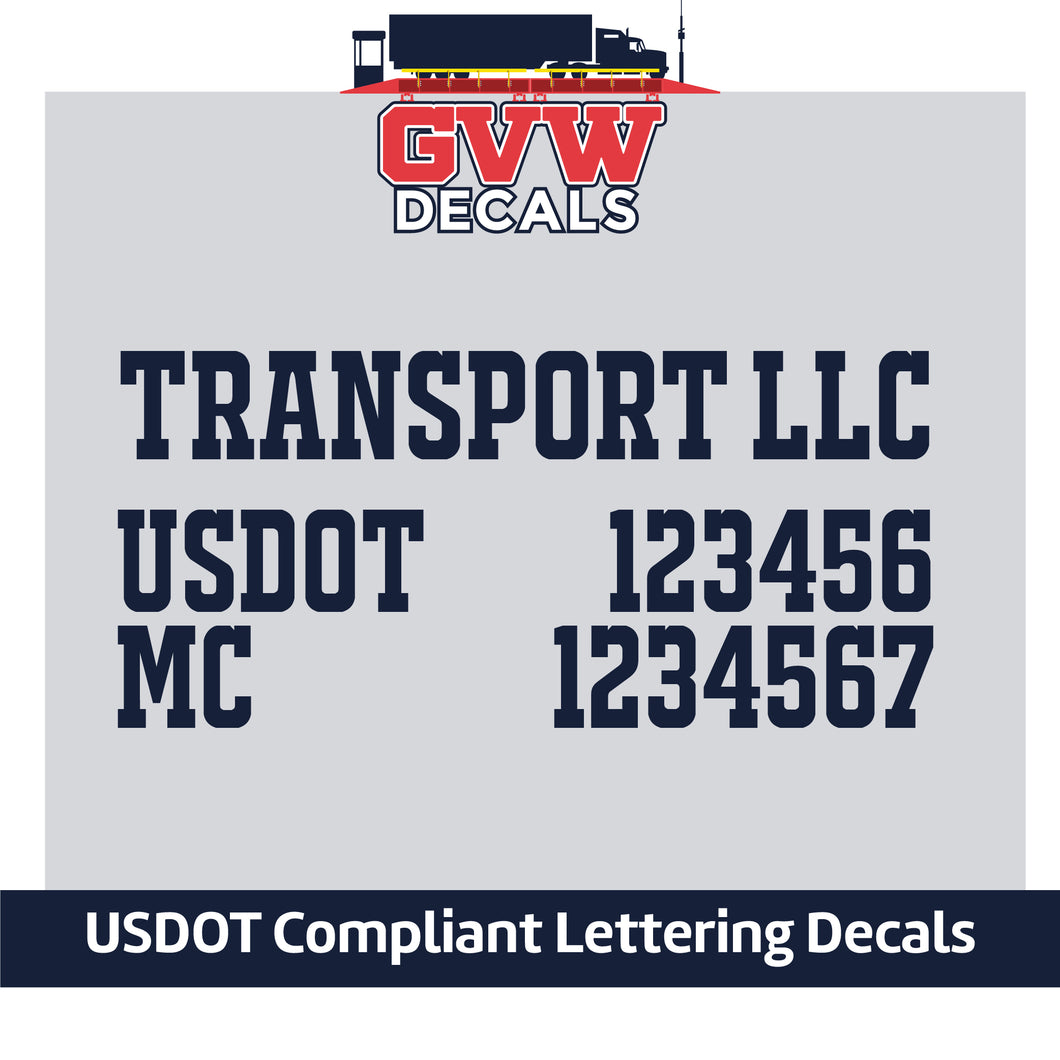 Trucking Transport Company Name with USDOT & MC Lettering Decal (Set of 2) [3 Rows of Text]