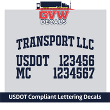 Load image into Gallery viewer, Arched Trucking Transport Company Name with USDOT &amp; MC Lettering Decal (Set of 2) [3 Rows of Text]
