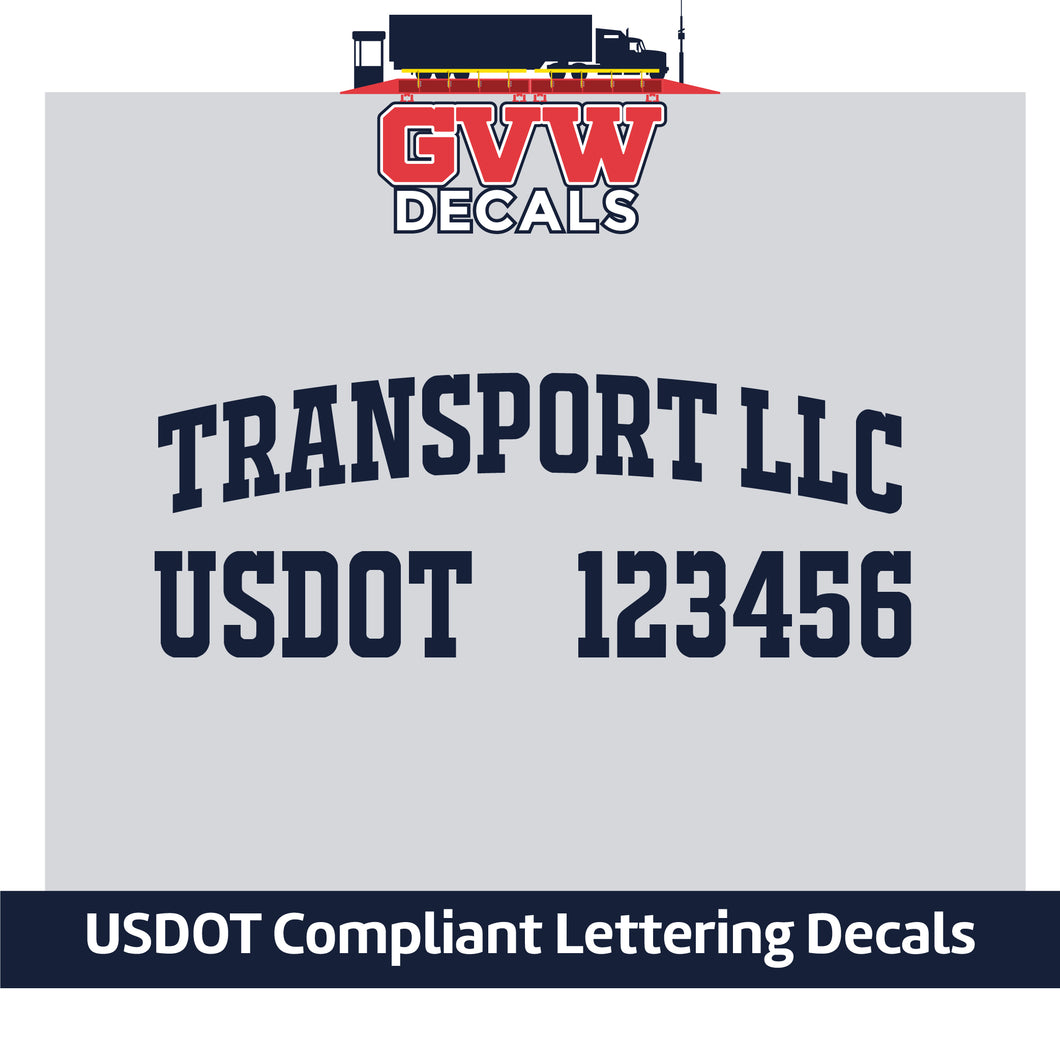 Arched Trucking Transport Name with USDOT Number Decal Lettering (Set of 2) [2 Rows of Text]