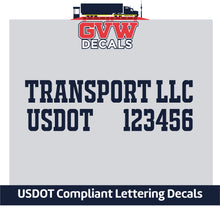 Load image into Gallery viewer, Trucking Transport Name with USDOT Number Decal Lettering (Set of 2) [2 Rows of Text]
