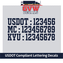 Load image into Gallery viewer, USDOT - MC - KYU Number Decal Sticker Lettering (Set of 2) [3 Rows of Text]
