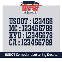 Load image into Gallery viewer, USDOT, MC, KYU &amp; CA Number Decal Sticker (Set of 2) [4 Rows of Text]
