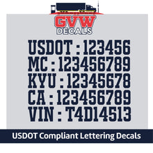 Load image into Gallery viewer, USDOT, MC, KYU, CA &amp; VIN Number Decal Sticker Lettering (Set of 2) [5 Rows of Text]
