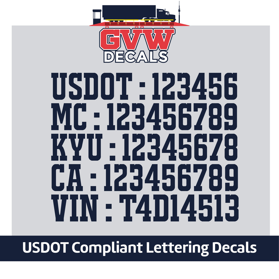 USDOT, MC, KYU, CA & VIN Number Decal Sticker Lettering (Set of 2) [5 Rows of Text]