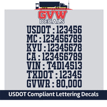 Load image into Gallery viewer, USDOT, MC, KYU, CA, VIN, TXDOT &amp; GVWR (GVW) Number Decal Sticker Lettering (Set of 2) [7 Rows of Text]
