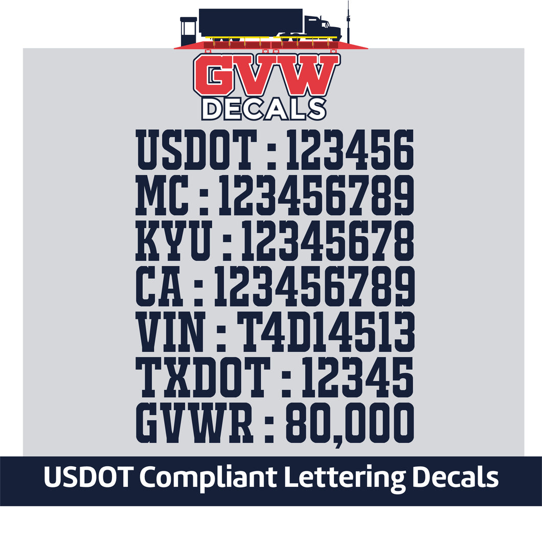 USDOT, MC, KYU, CA, VIN, TXDOT & GVWR (GVW) Number Decal Sticker Lettering (Set of 2) [7 Rows of Text]