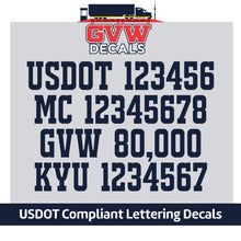 Load image into Gallery viewer, usdot mc gvw kyu number lettering decal
